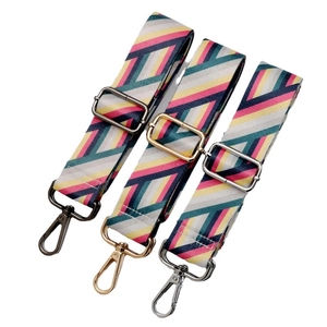 Three adjustable colorful striped canvas bag straps with gold silver and black metal hooks