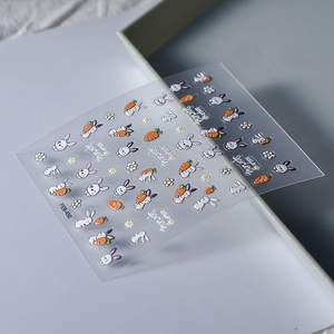 3D embossed nail art stickers with cute white rabbits and orange carrots