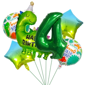 Green dinosaur theme birthday balloon set with number 4 and star balloons for 4th birthday