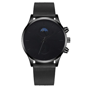 Minimalist black quartz men's watch with mesh band and moon phase display on white background