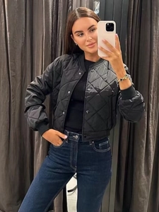 Veste Bomber Matelassée Pour Femmes Motif Diamant Bouton Pression Bordure Côtelée Décontractée Manteau