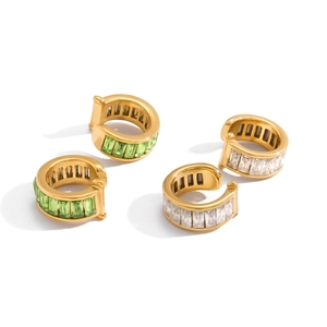 Elegant gold plated C-shaped earrings set with baguette-cut green and white zirconia