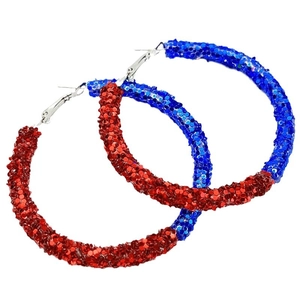 Sparkly red and blue sequined oversized hoop earrings for sports themed events