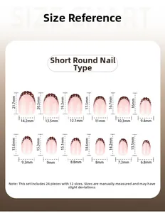 Size chart for short round press-on nails with brown French tips and white polka dots