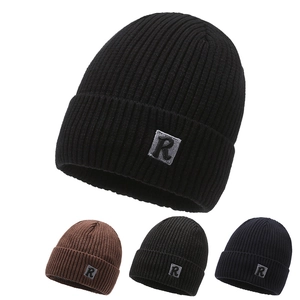 Winter Beanie Hat Knitted Acrylic Fleece Lined Warm Ribbed Letter R Patch Unisex Thermal Outdoor Casual Skull Cap
