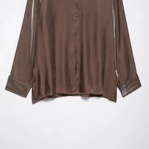 Women's brown metallic long sleeve shirt with satin sheen and front buttons