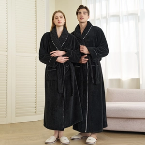 Thick black coral fleece long bathrobe for couples with white trim and waist tie