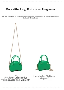 Detail showing green PVC jelly bag with top handles and a detachable golden chain strap