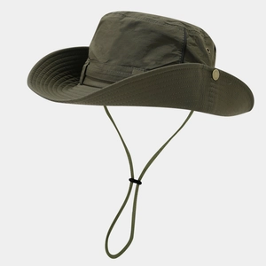 Detail view of quick-dry outdoor sun hat with wide brim, chin strap, and side metal snaps