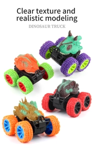 Detailed set of four colorful dinosaur monster trucks with realistic textures and off-road tires