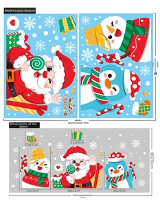Detailed size specifications for Christmas window stickers with Santa and snowman motifs
