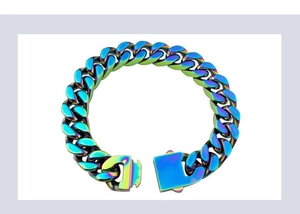 Detail of rainbow stainless steel Cuban link bracelet with an open box clasp closure