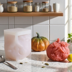 3D pumpkin house silicone mold for DIY candles and plaster crafts on a marble surface