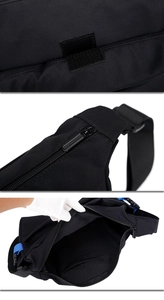 Detailed view of black canvas shoulder bag with velcro closure, metal zipper and interior space