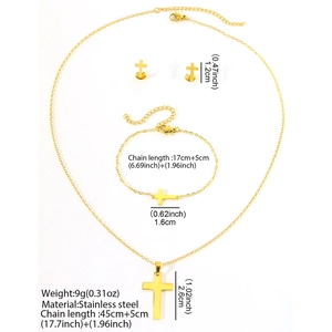 Gold stainless steel cross jewelry set including necklace, bracelet and earrings