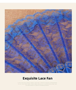 Close-up of blue lace floral pattern and golden embossed plastic ribs on folding fan