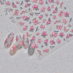 Detailed 5D relief nail stickers featuring pink flowers and blue birds with MS 592 model
