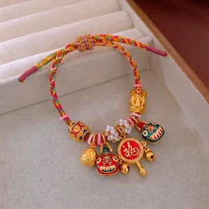 Bracelet En Corde Tressée De Style Chinois Avec Breloques Pixiu Tête De Lion Fu En Cuivre Doré Bijoux Vintage