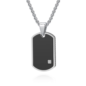 Polished silver-tone military tag pendant with black inlay and crystal on box chain