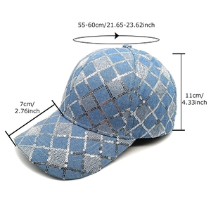 Berretto da baseball in denim blu con paillettes argento e motivo a scacchi con misure
