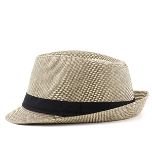 Close-up of a woven Fedora hat with beige texture and a wide black ribbon band