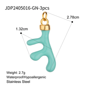 Detail view of green coral pendant in stainless steel with exact measurements and weight
