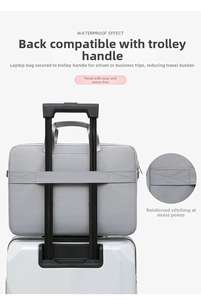 Grey laptop bag detail showing waterproof fabric and trolley sleeve for travel