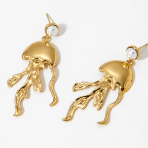 Jellyfish Drop Earrings Stainless Steel With Inlaid Artificial Pearl PVD Gold Plated Artistic Statement Jewelry For Women Y2K Style