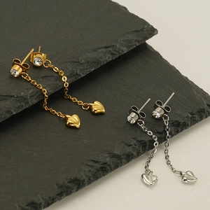 Polished stainless steel tassel earrings with round crystals and 3D heart pendants in gold and silver