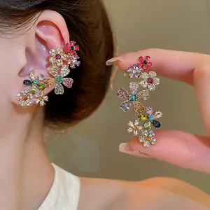 Floral Cluster Earrings 18K Gold Plated Copper Multicolor Zircon Stud Ear Cuff With 925 Sterling Silver Earring Post