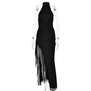 Elegant black sequin halter neck backless dress with high slit for women