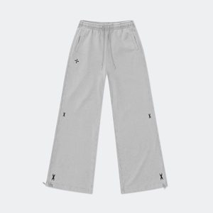 Light gray wide-leg cotton sweatpants with black cross embroidery and drawstring cuffs