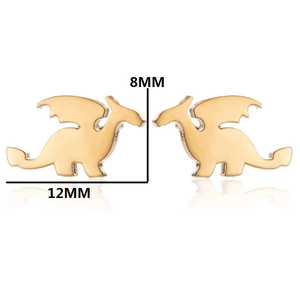 Detailed view of pterosaur stud earrings in gold finish with dimensions 12mm by 8mm
