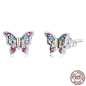 Elegant S925 sterling silver butterfly stud earrings with colorful zirconia crystals