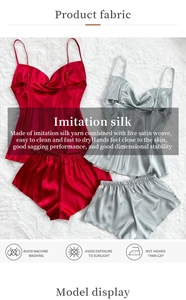 Detailed view of red and silver ice silk pajamas set with care instructions text