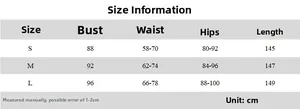 Size chart table for the mesh patchwork bodycon maxi dress with detailed measurements