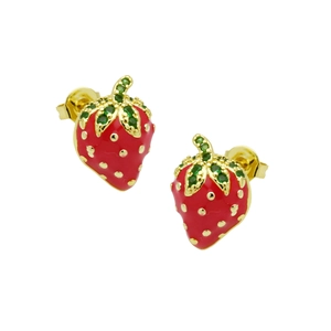 Close-up of red enamel strawberry earrings with green zircon leaves and gold accents