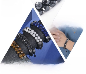 Detail of 8mm double-layer natural stone beaded bracelet with hematite and tiger eye gems