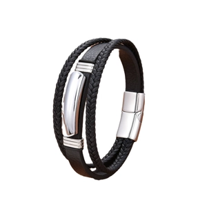Men's multilayer black braided leather bracelet with silver magnetic metal clasp