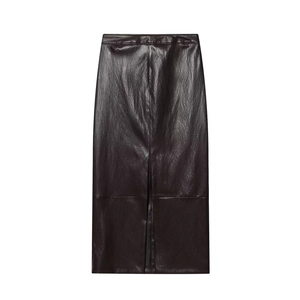 Ensemble jupe en cuir marron foncé pour femme avec ceinture et fente arrière haute