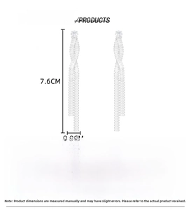 Detailed view of silver-tone tassel earrings with dimensions 7.6cm by 0.8cm