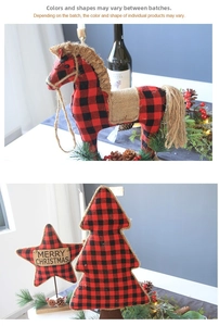 Detail view of red and black buffalo plaid Christmas tree, star and pony ornaments