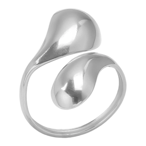 Macro shot of silver asymmetrical water-drop open ring with high-polished mirror finish