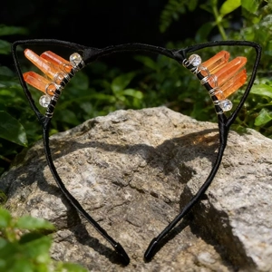 Detail of cat ear headband with orange crystal pillars and beads on a natural rock surface