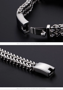 Close-up of polished stainless steel woven bracelet with heavy metal folding clasp