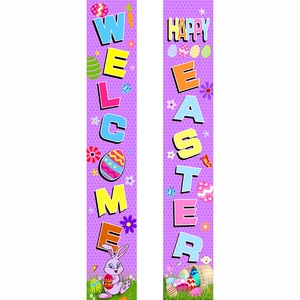 Vertical porch banners featuring cartoon rabbits and Easter eggs for festive door decoration