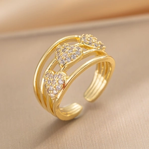 Adjustable 18k gold plated ring featuring three zircon hearts and a four-row band