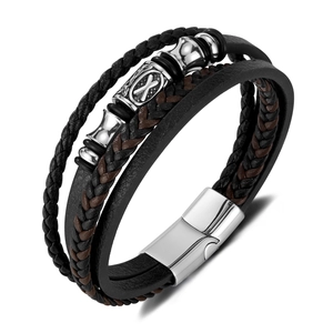 Multilayer braided leather bracelet for men with silver metal accents and magnetic clasp