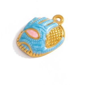 Enameled baseball glove pendant in gold metal with vibrant blue and pink drip oil finish
