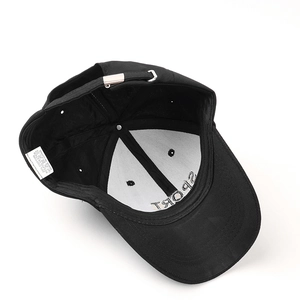 Detail view of cotton-polyester baseball cap interior with stitching and washing label